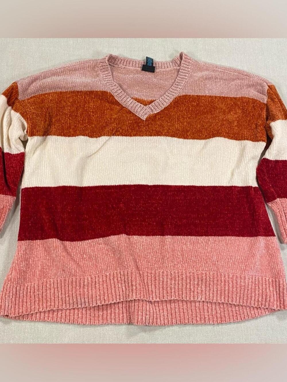 Velvet Knit Striped V-Neck Sweater - Pink, Red, Orange, and Cream Dusty Mauve